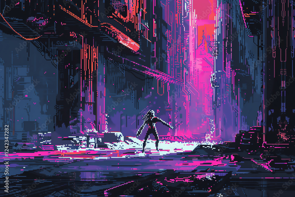 Poster craft a pixel art representation of a dancer in a dystopian world, highlighting the fusion of elegan