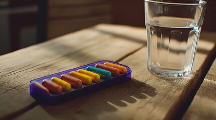 Colorful capsules in a pill organizer on a wooden table with a glass of water, representing daily medication routine for chronic illness management and health care