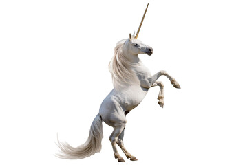White unicorn rearing up on hind legs Fairytale creature 3d illustration isolated on a transparent or white background - obrazy, fototapety, plakaty