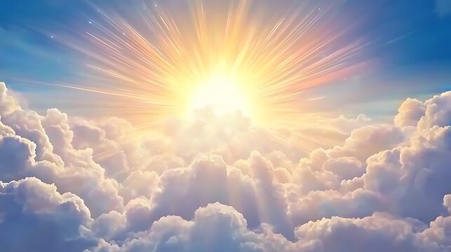 A bright sun is shining through the clouds, creating a warm