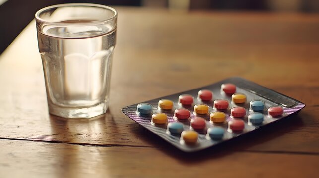 Colorful capsules in a pill organizer on a wooden table with a glass of water, representing daily medication routine for chronic illness management and health care
