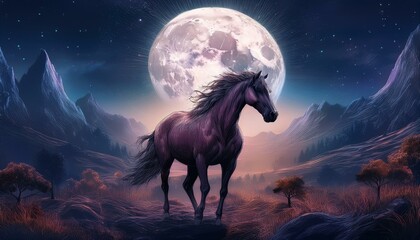 Fototapeta premium Horse in a brown dreamy mood with the big full moon
