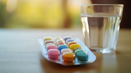 Colorful capsules in a pill organizer on a wooden table with a glass of water, representing daily medication routine for chronic illness management and health care