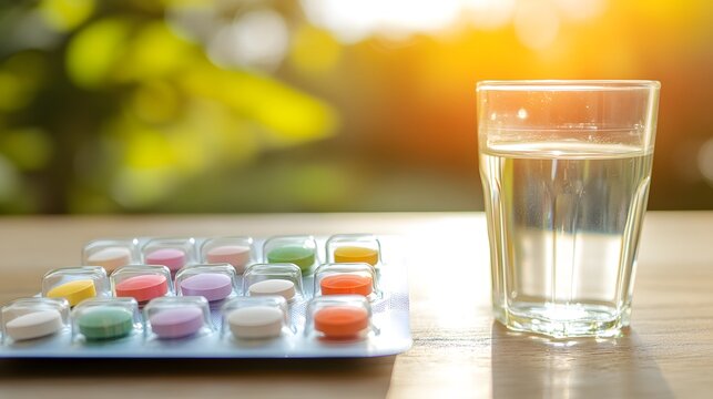 Colorful capsules in a pill organizer on a wooden table with a glass of water, representing daily medication routine for chronic illness management and health care