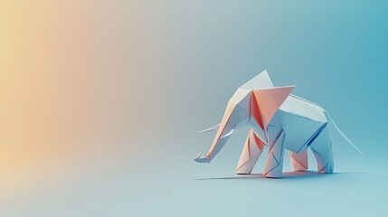 A paper elephant is standing in front of a blue background