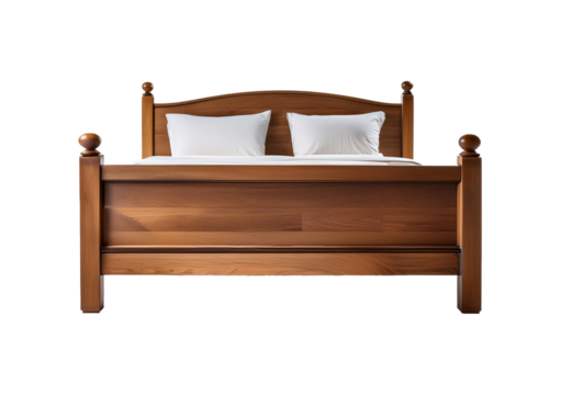 Brown wooden bed isolated on a transparent or white background. cut out.