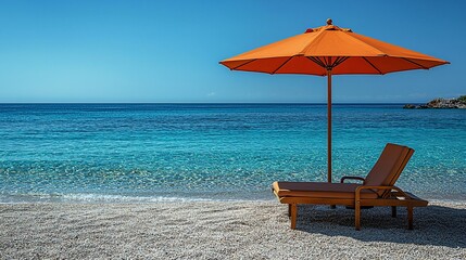 Obraz premium Tranquil beach scene featuring an orange umbrella and lounge chair by clear blue waters under a sunny sky