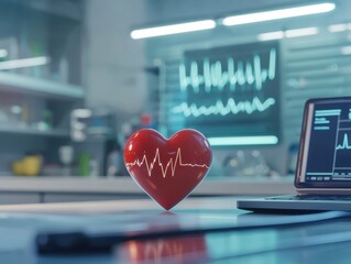 Heart symbol on a laptop with a monitor in a modern office environment