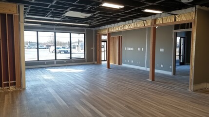 Modern spacious empty commercial interior under construction with wood flooring and large windows.