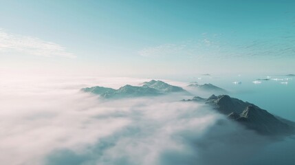 Fog Rolling Over a Rocky Peninsula in Serene Blue Sky