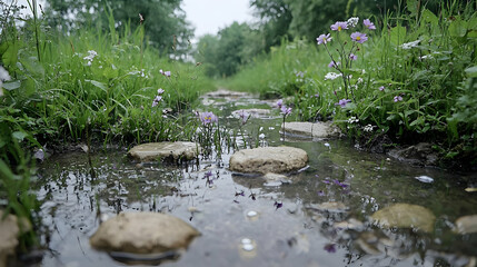 Path through wildflowers, shallow stream, green forest background. Nature walk, website banner