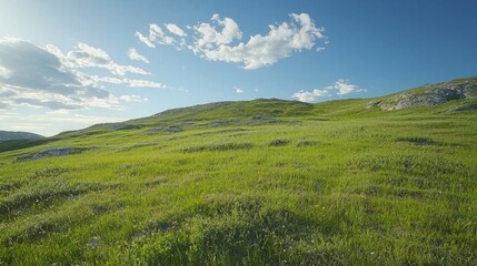 Naklejka premium Vibrant Tundra Hillside Blanketed in Lush Green Grass Under Blue Sky