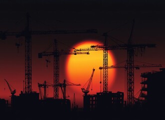 Naklejka premium Sunset Construction Site Silhouettes