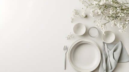 Elegant Minimalistic Table Setting with Simple Tableware and Flowers