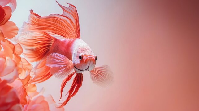 Red and white fish with long tail swimming in clear water habitat