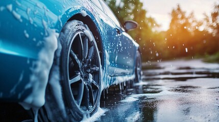 Modern blue car covered in soap suds being washed at sunset