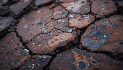 Cracked Earth Texture: A detailed close-up reveals the intricate network of cracks in dry, parched earth, showcasing a rugged and textured surface in deep browns and muted grays.