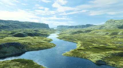 Crooked River Meandering Through Lush Green Landscape under Blue Sky