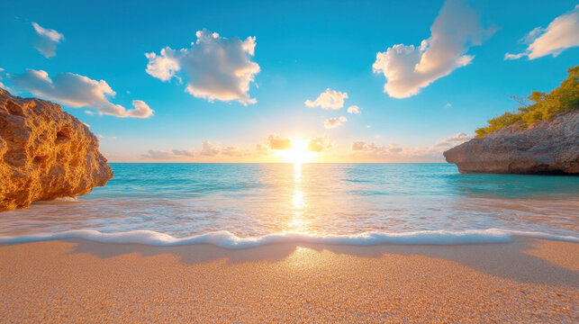 serene beach scene at sunset, featuring gentle waves lapping at shore, with vibrant colors in sky and rocky formations framing view - Powered by Adobe