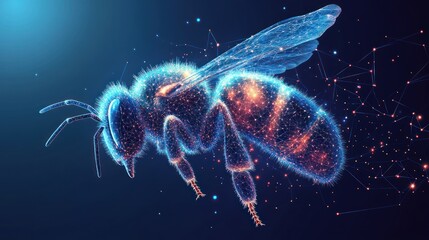 Glowing polygonal bee in flight.