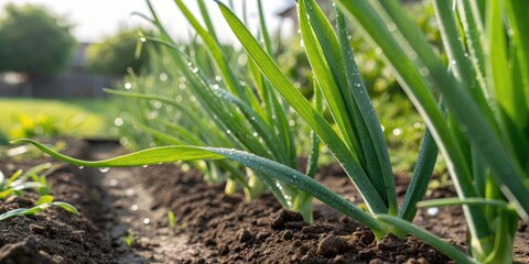 Vibrant Green Onion Leaves in a Lush Garden Setting - Macro Photography of Fresh Herbs and Vegetables