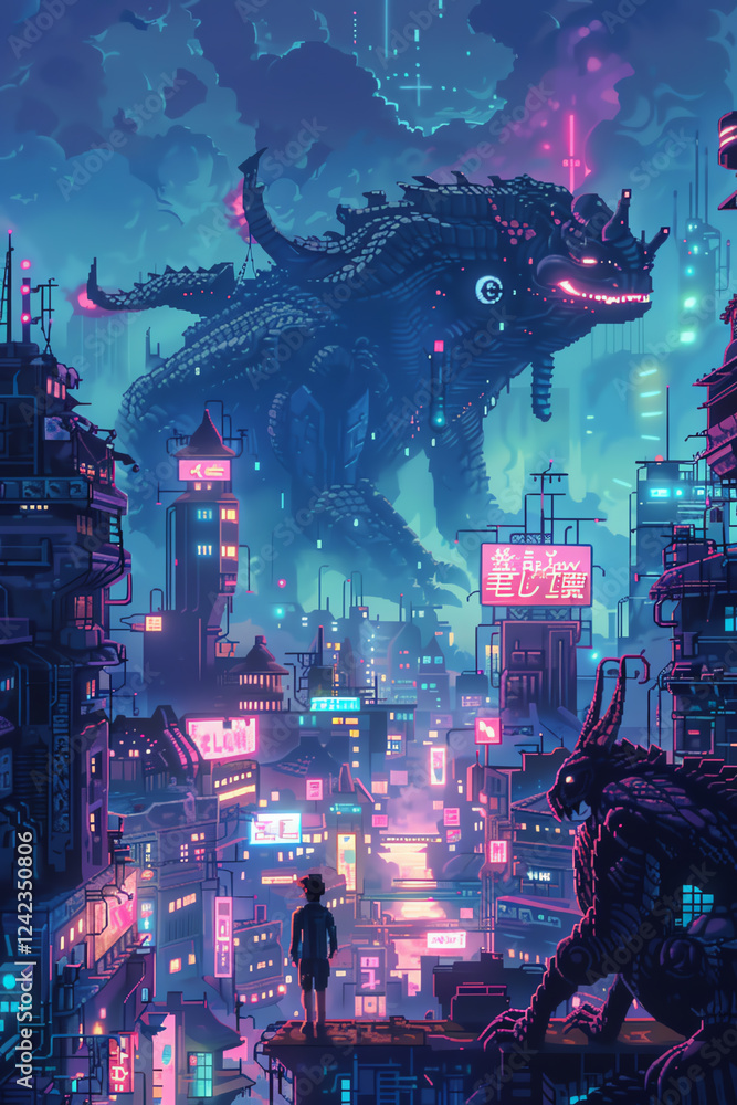 Poster illustrate mystical creatures in a futuristic city using vivid colors and pixel art, incorporating u