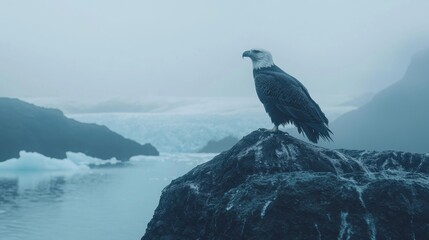 Fototapeta premium Majestic Eagle Perched on Rocky Outcrop Near Glacial Water Body