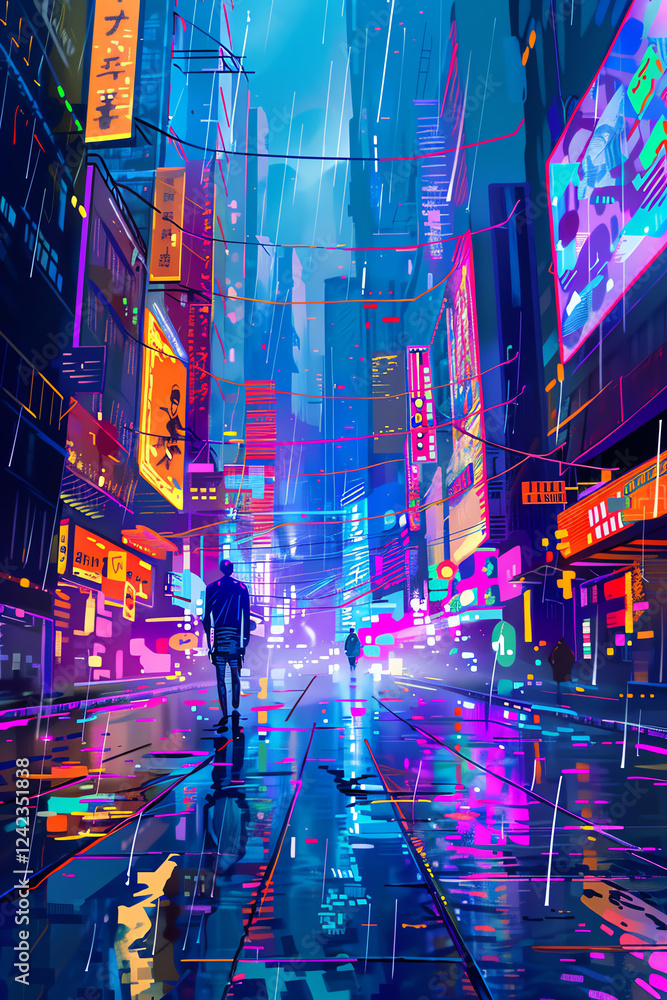 Poster incorporate the clash of futuristic elements and street art into a dynamic scene using pixel art, em
