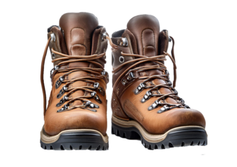 A pair of old leather hiking boots Isolated on Transparent or White Background.