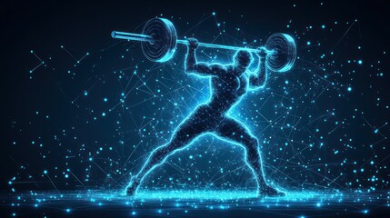 Glowing polygonal athlete weightlifting.