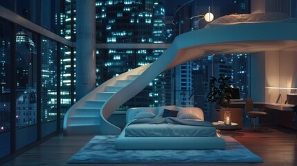 Fototapeta premium The double bed is in the shape of a spiral staircase. There is a sofa