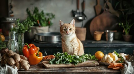 Cat sitting on a wooden cutting board surrounded by fresh vegetables in a kitchen setting