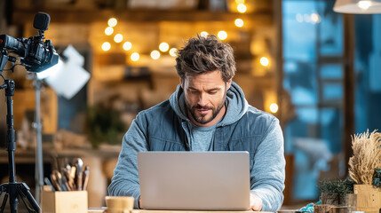 focused man working on laptop in cozy workspace with warm lights