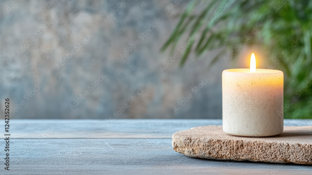 Poster serene candle glowing softly on rustic stone surface, creating calming atmosphere