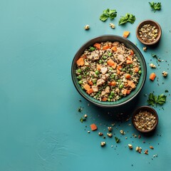 Bowl of mixed vegetables including peas and carrots on a wooden table