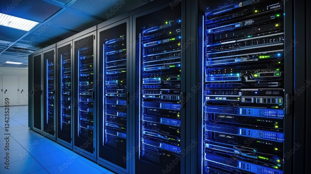 Fototapete a modern server room featuring illuminated racks with vibrant blue lights and high-performance hardw