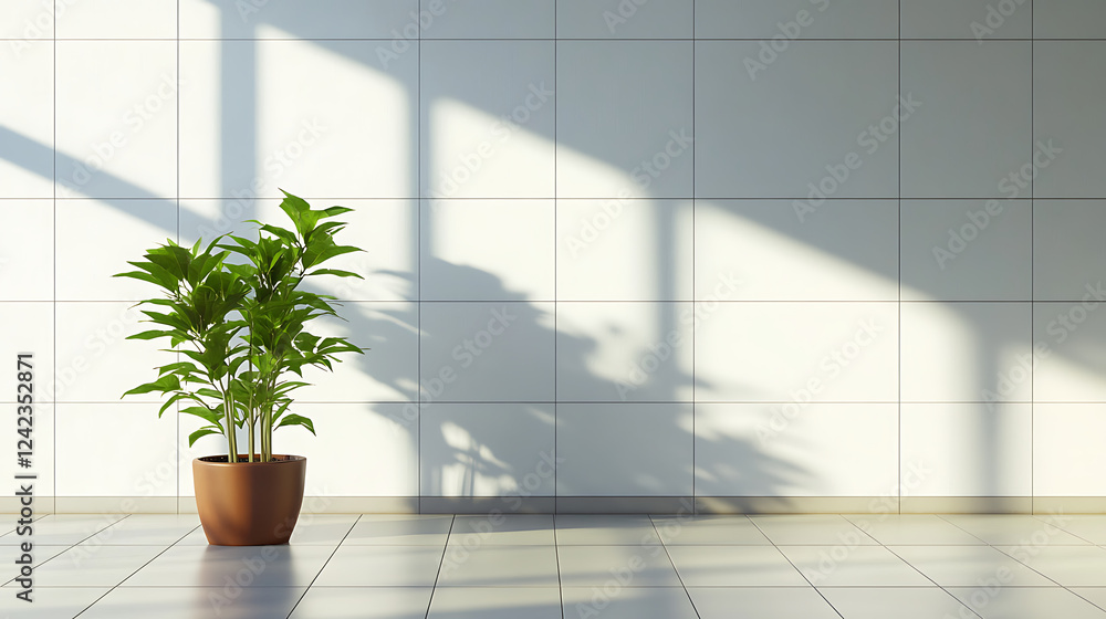 Wall mural Potted plant in sunlight by large window, casting shadows on tiled wall in minimalist interior.