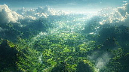 Aerial view of lush green valley between mountains with clouds