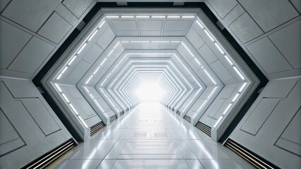 Fototapeta premium Futuristic hexagonal corridor with bright light at end and sleek minimalist design