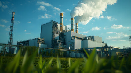 Geothermal power plant in action vibrant blue sky with smoke and clouds
