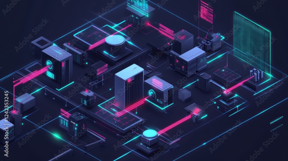 Poster complex network infrastructure transferring data between servers and databases in a futuristic serve