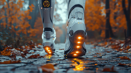 Futuristic robotic legs walking on wet cobblestone path in autumn forest.