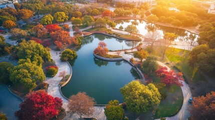 Aerial View of Serene Park with Colorful Autumn Foliage and Lake