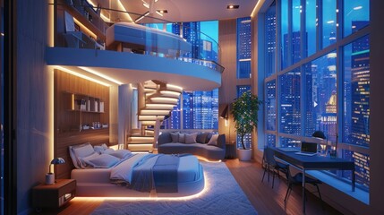 The double bed is in the shape of a spiral staircase. There is a sofa