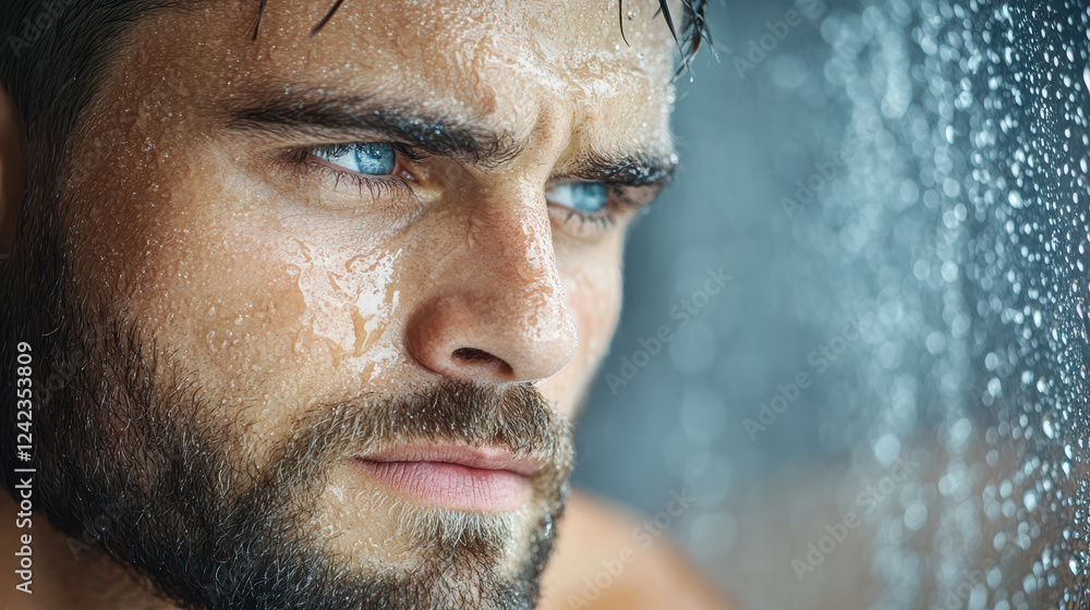 Poster close up of man tearful face, expressing deep emotion and vulnerability