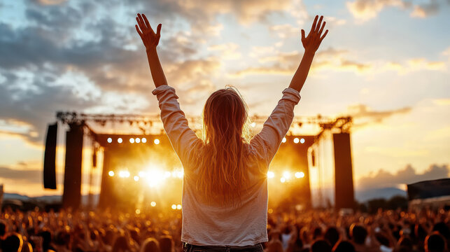 festival goer with hands raised, enjoying vibrant sunset atmosphere