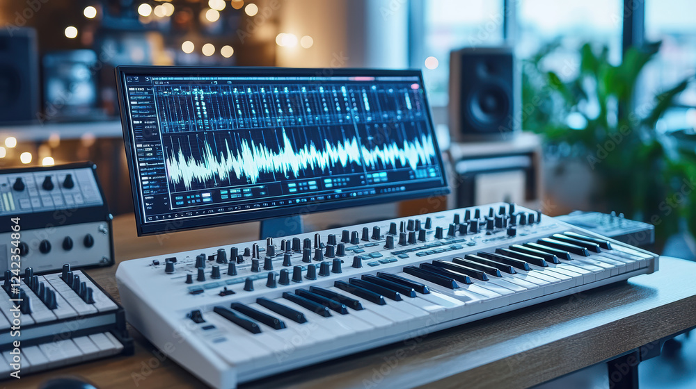 Poster futuristic music studio with synthesizers and sound editing software