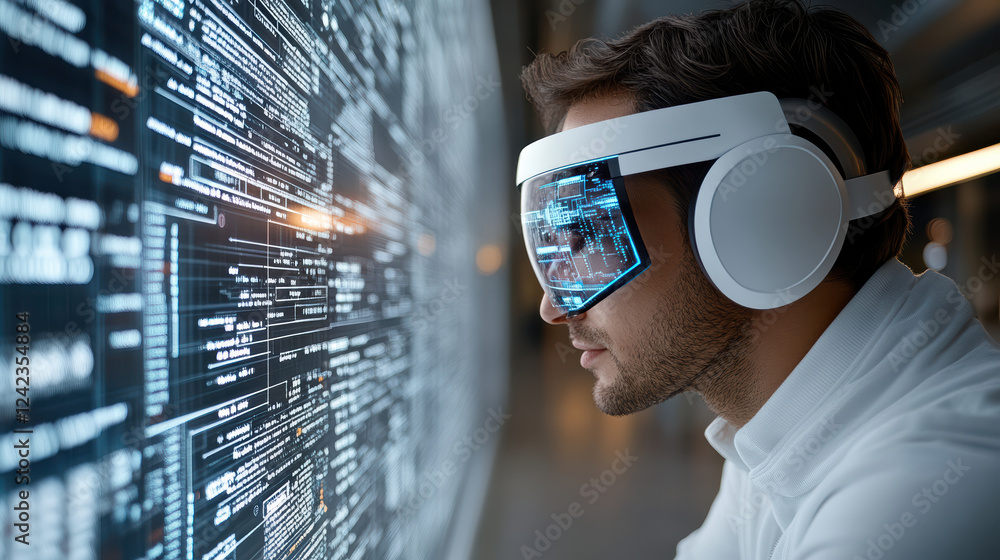 Aufkleber futuristic man using virtual reality headset for data analysis and management