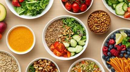 A vibrant spread of fresh ingredients, including salads, grains, fruits, and dressings, presented in bowls for a healthy meal.