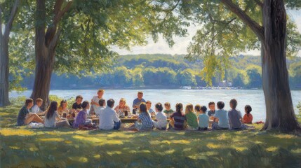 Community Gathering at a Serene Lakeside Picnic in Nature